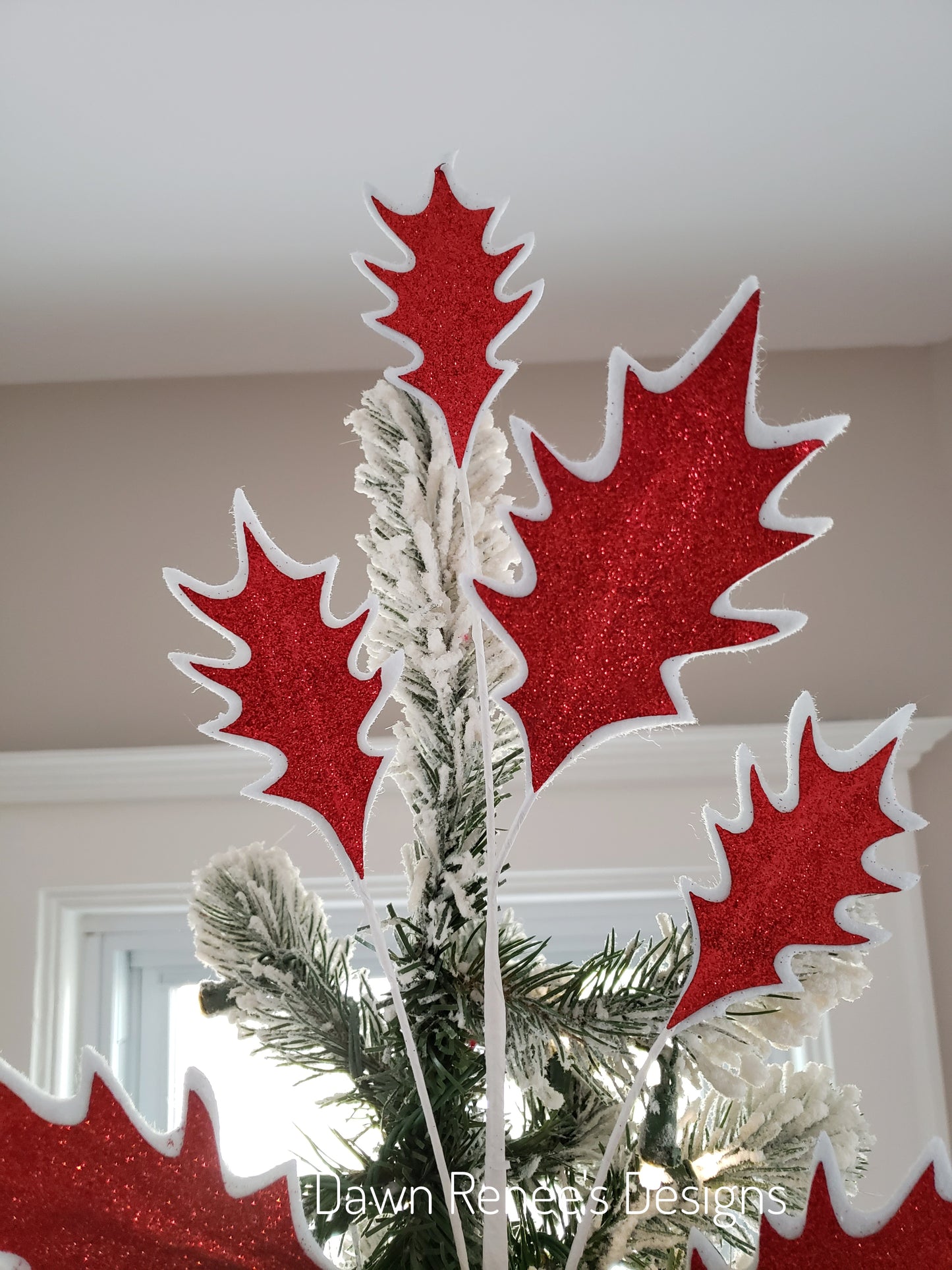 Red White Glitter Leaf Stem Spray