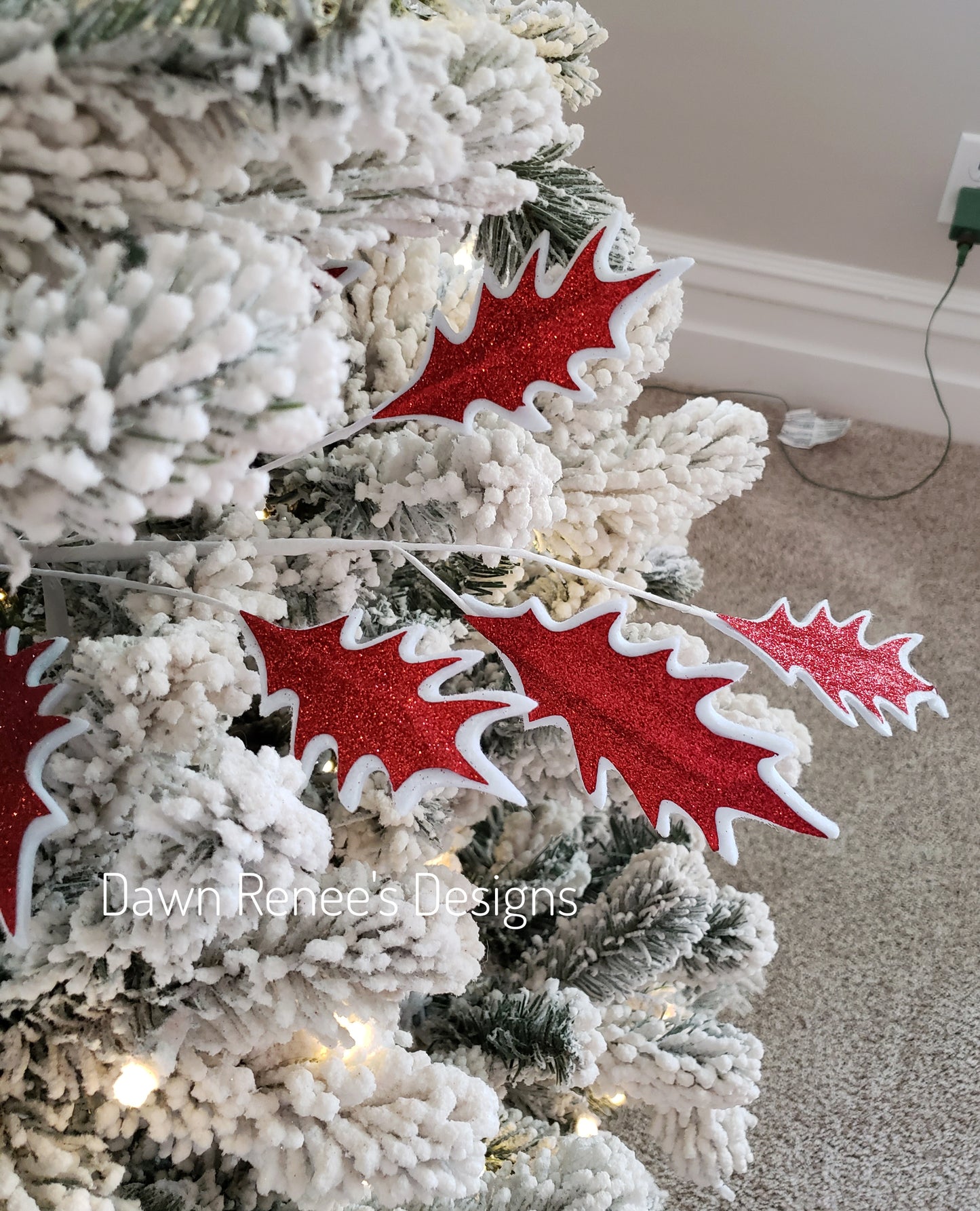 Red White Glitter Leaf Stem Spray