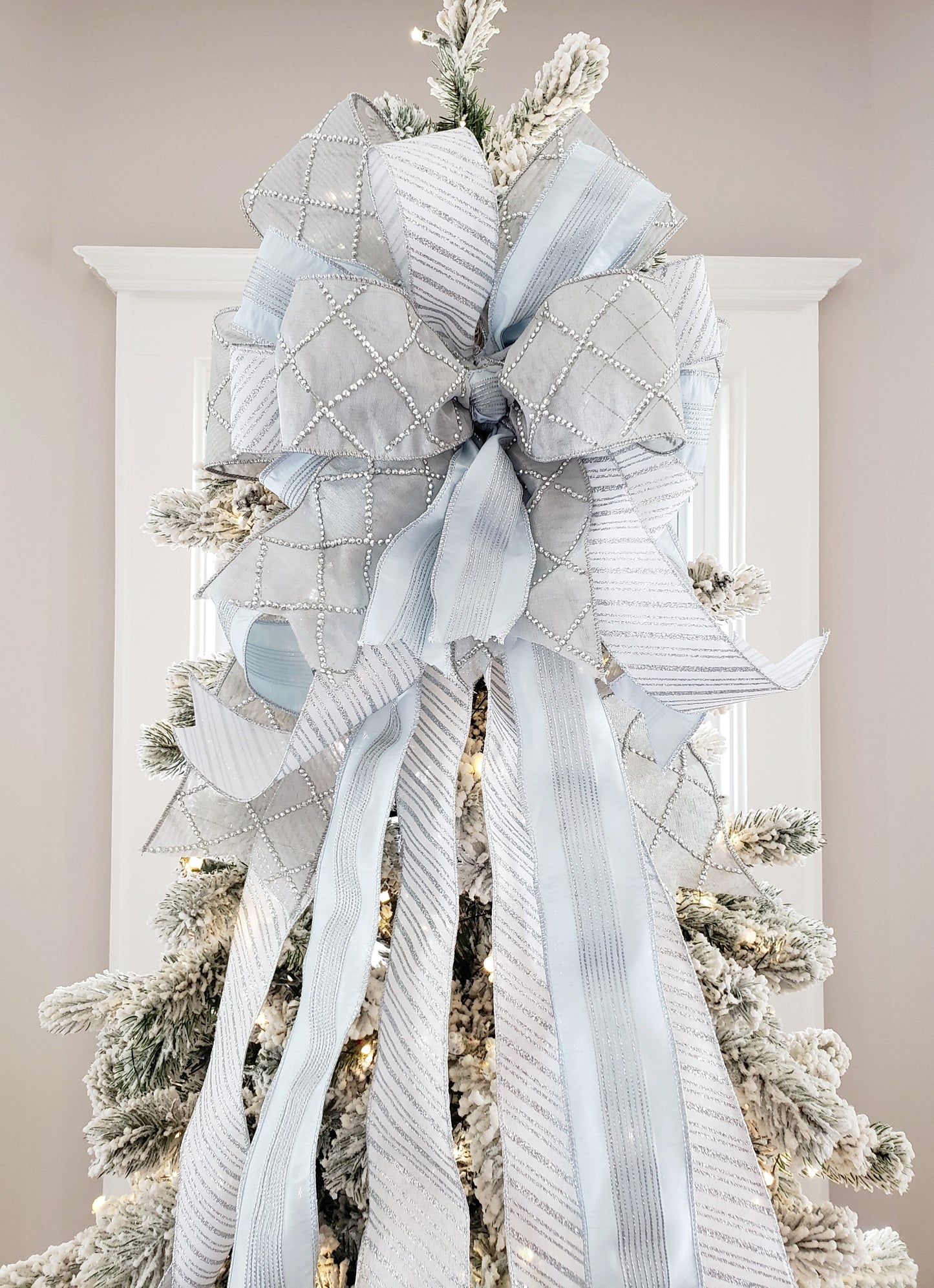 Silver Ice Blue White Christmas Tree Topper Bow