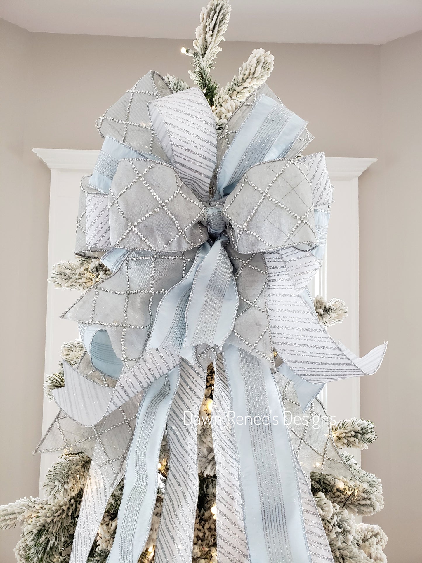 Silver Ice Blue White Christmas Tree Topper Bow