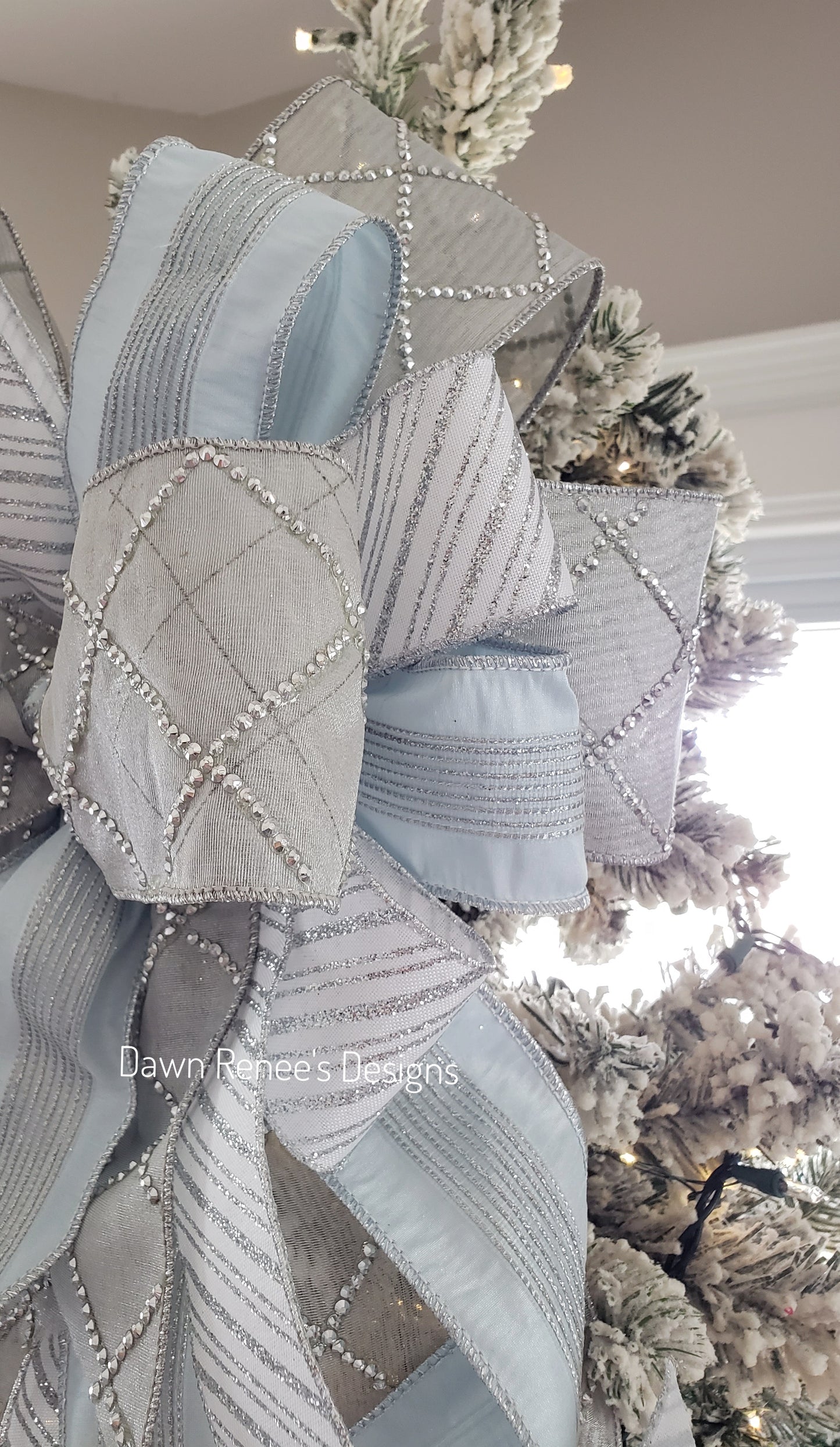 Silver Ice Blue White Christmas Tree Topper Bow