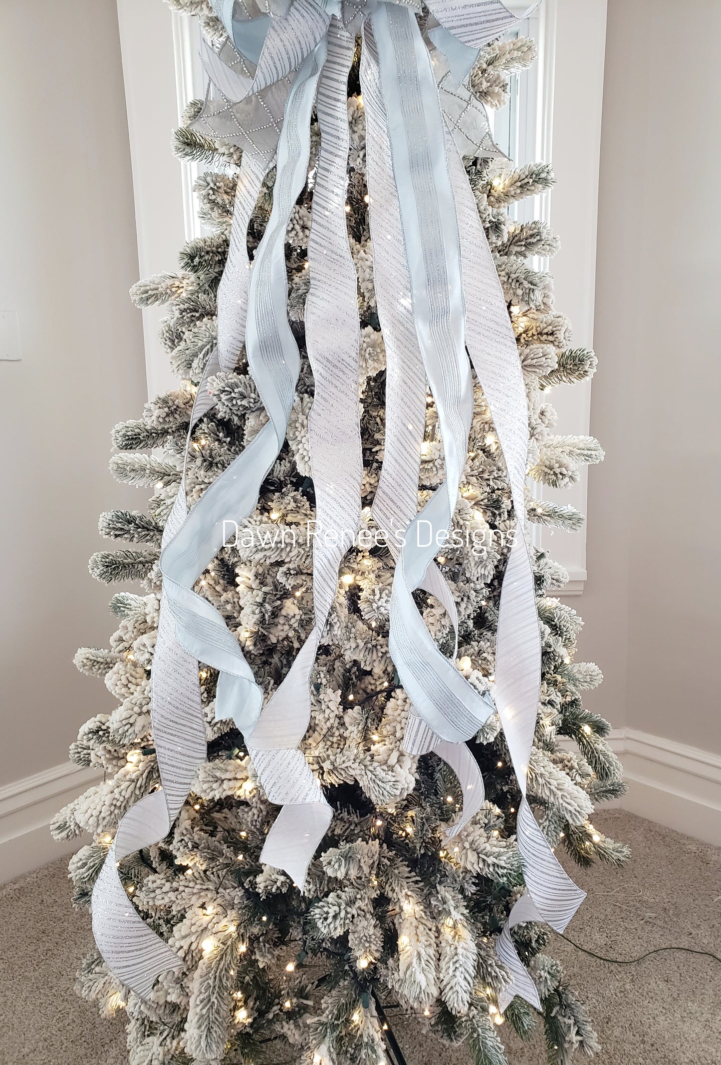 Silver Ice Blue White Christmas Tree Topper Bow