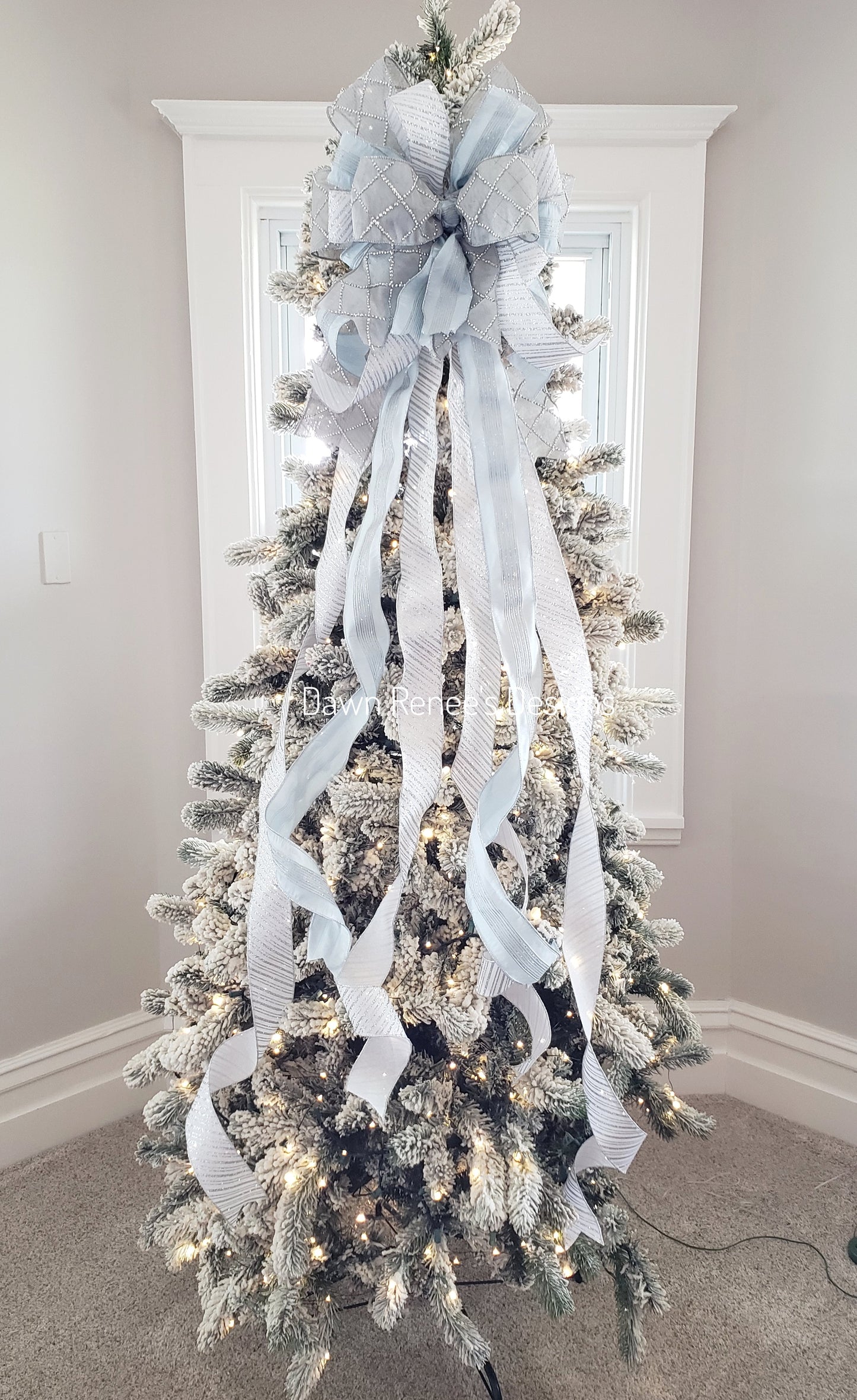 Silver Ice Blue White Christmas Tree Topper Bow
