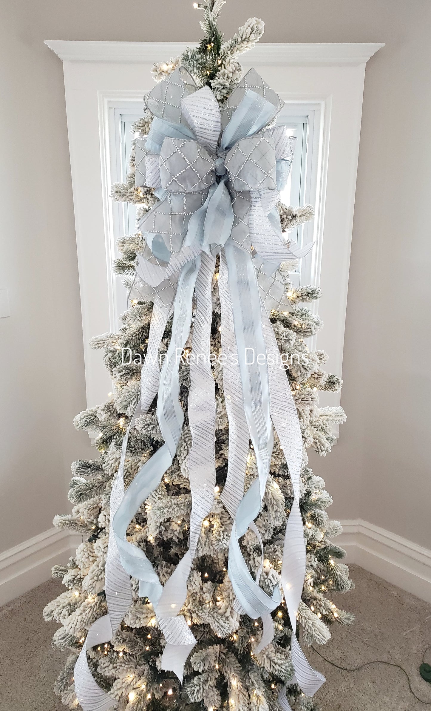 Silver Ice Blue White Christmas Tree Topper Bow