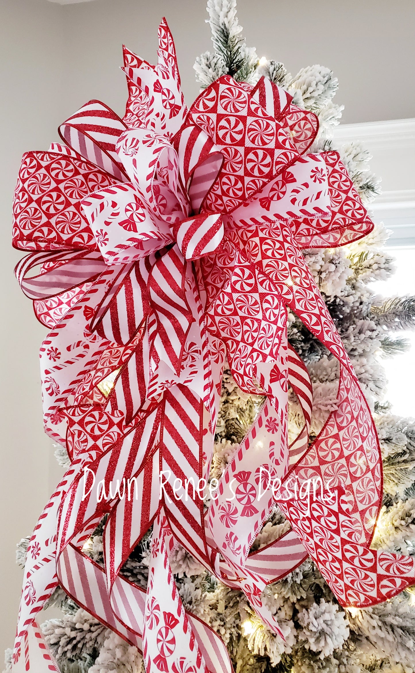 Peppermint Candy Cane Christmas Tree Bow with Long Streamers