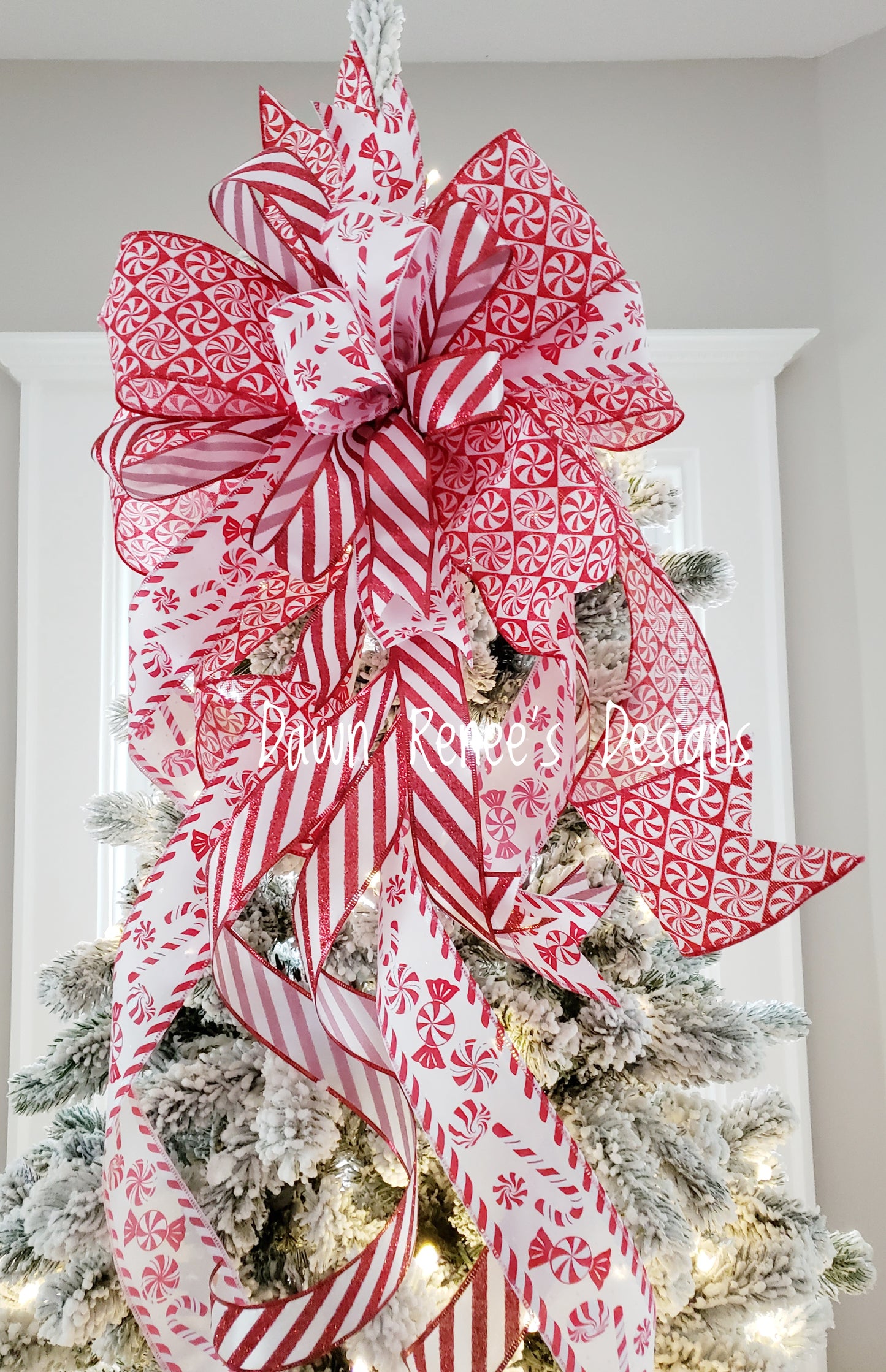 Peppermint Candy Cane Christmas Tree Bow with Long Streamers