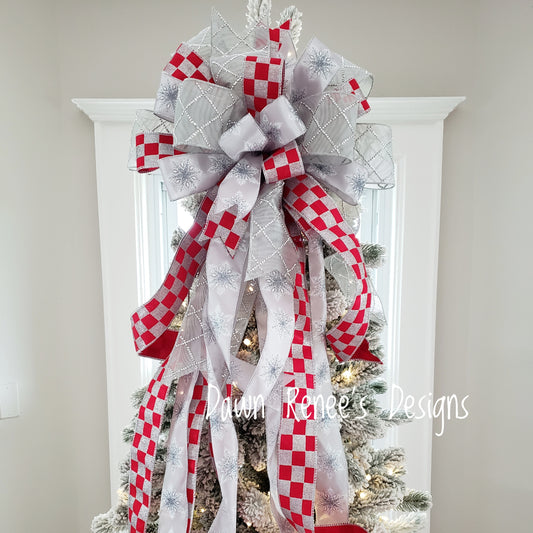 Silver Red Christmas Tree Topper Bow