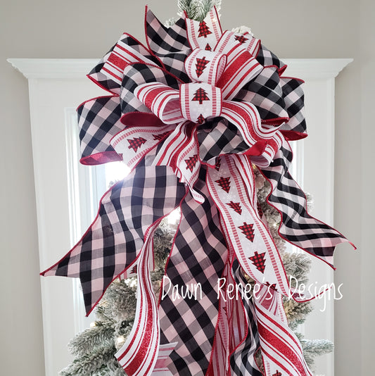 Red White Black Christmas Tree Topper Bow with Long Streamers