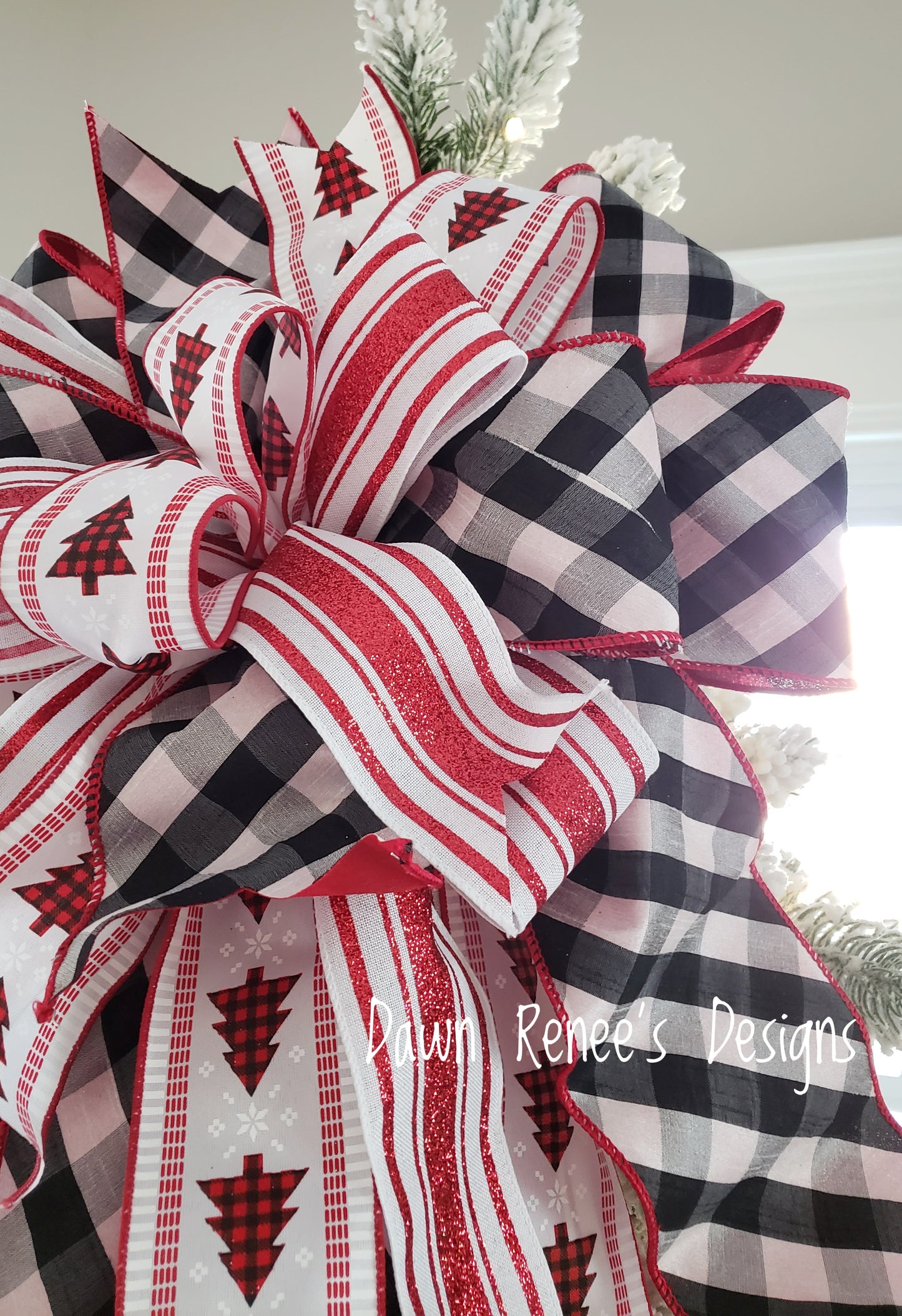 Red White Black Christmas Tree Topper Bow with Long Streamers