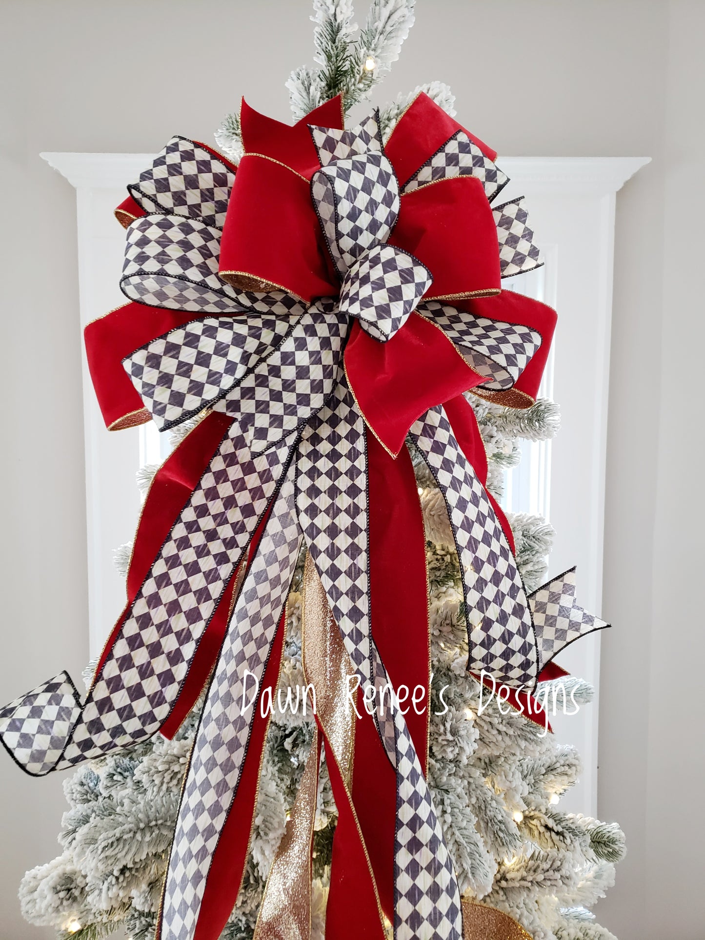Red Velvet black and white Christmas Tree Topper Bow with Long Streamers