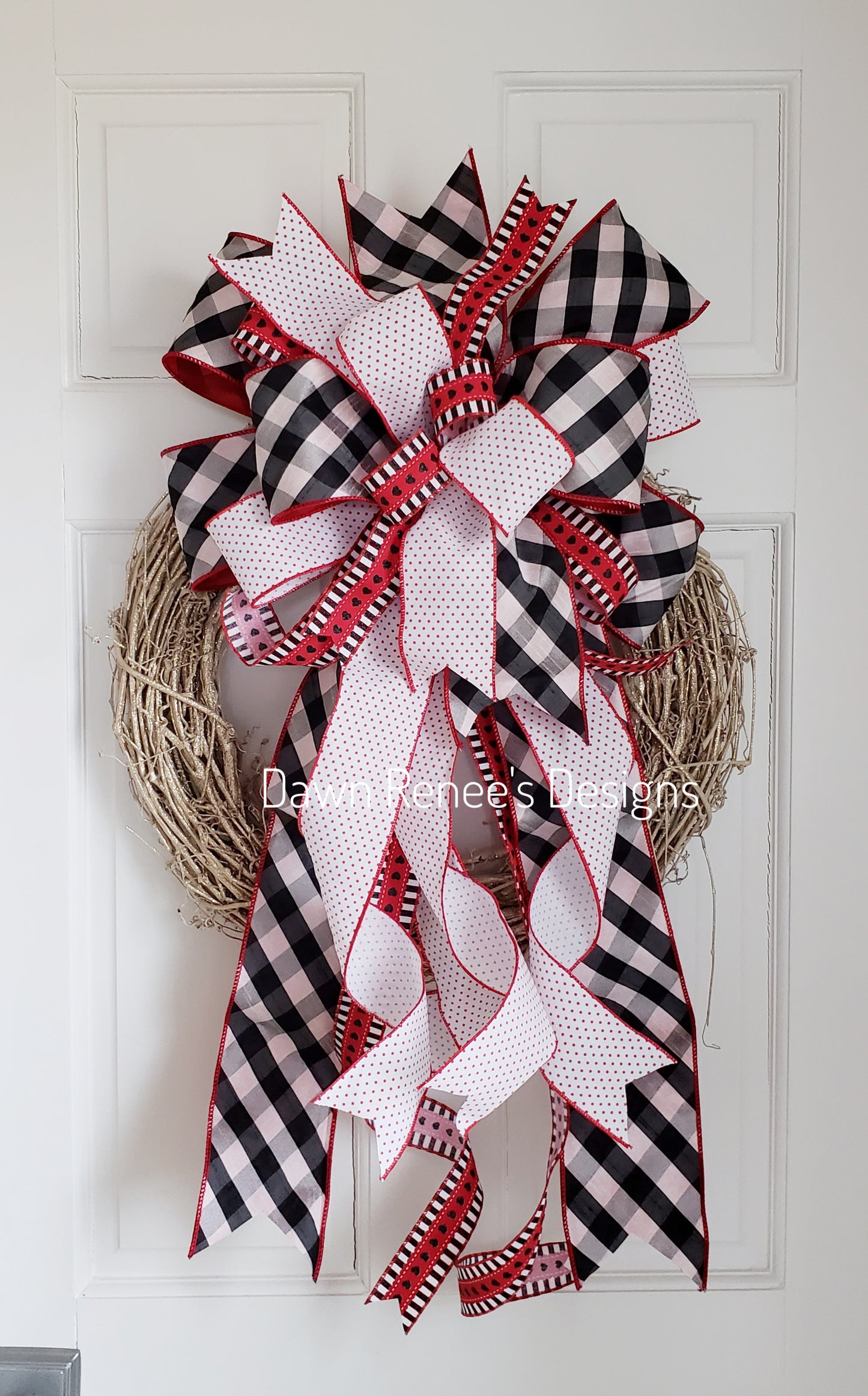 Buffalo Check Valentine's Day Bow, Red White Black Tree Topper