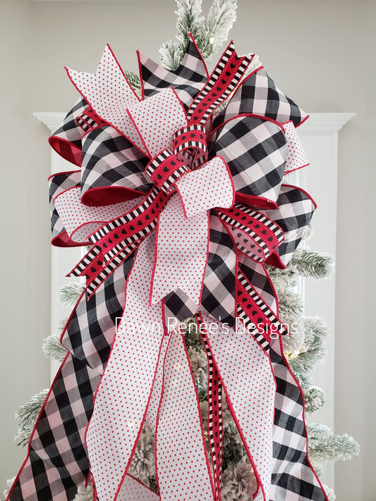 Buffalo Check Valentine's Day Bow, Red White Black Tree Topper