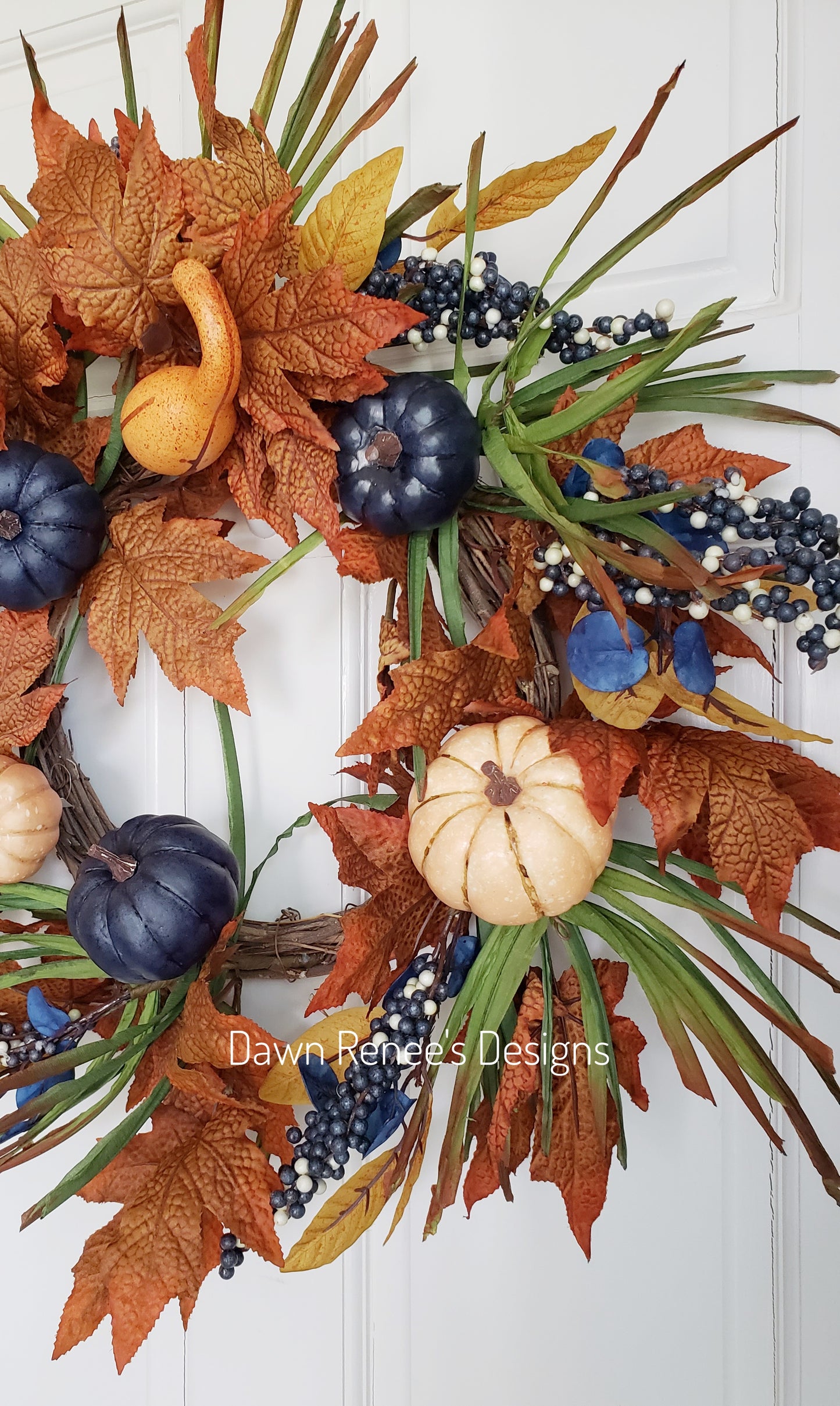 Pumpkin Gourd Fall Wreath in Blue, Cream, Copper