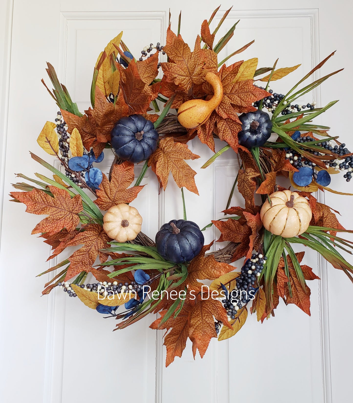 Pumpkin Gourd Fall Wreath in Blue, Cream, Copper