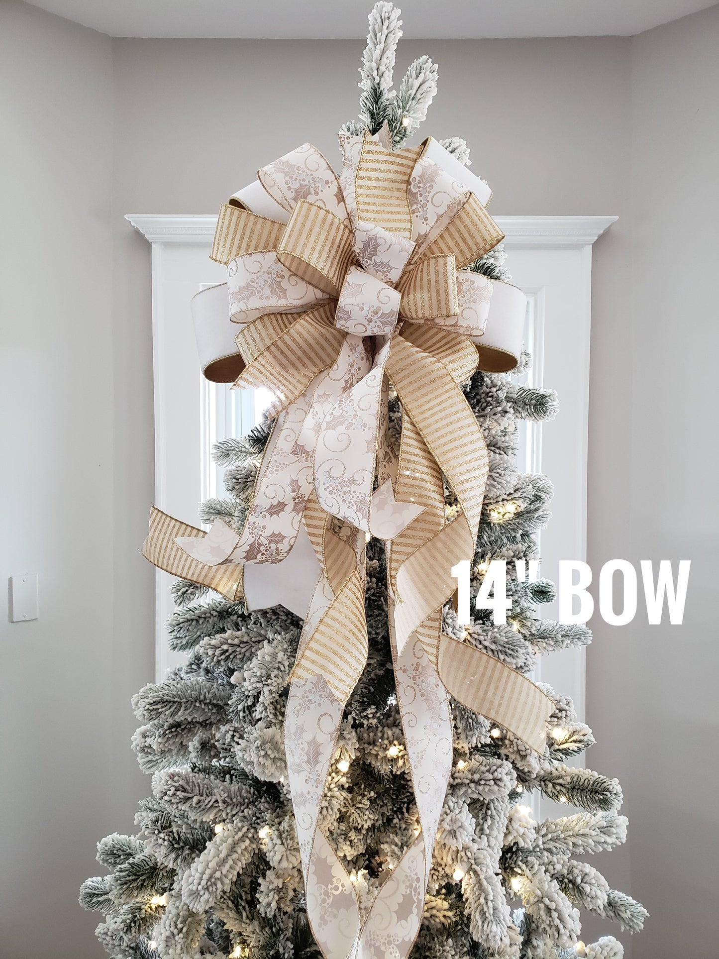 White and Gold Christmas Tree Bow - White Velvet