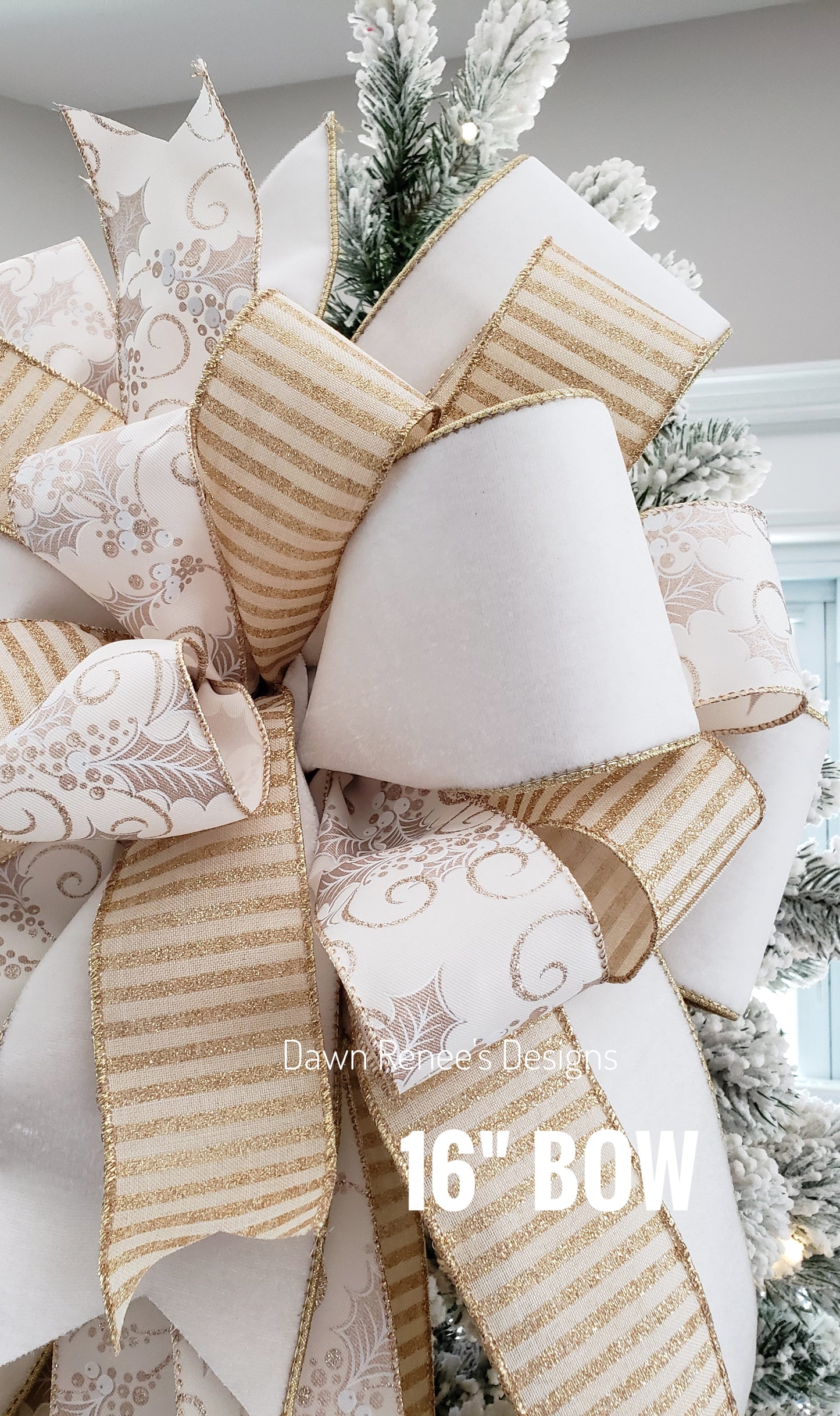 White and Gold Christmas Tree Bow - White Velvet