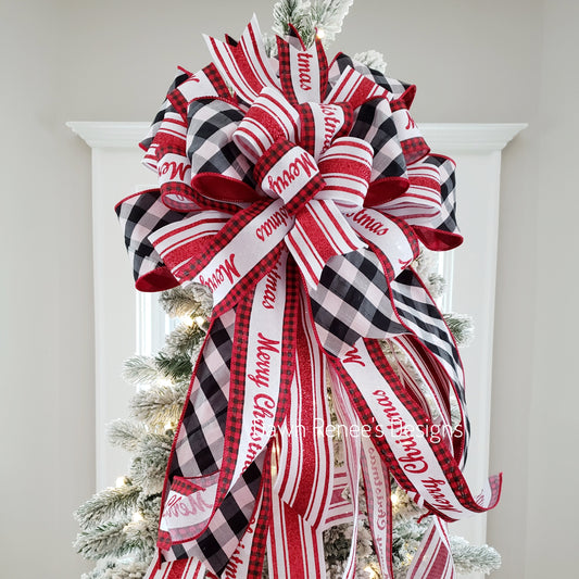 Buffalo Check Merry Christmas Tree Topper Bow - Red White Black