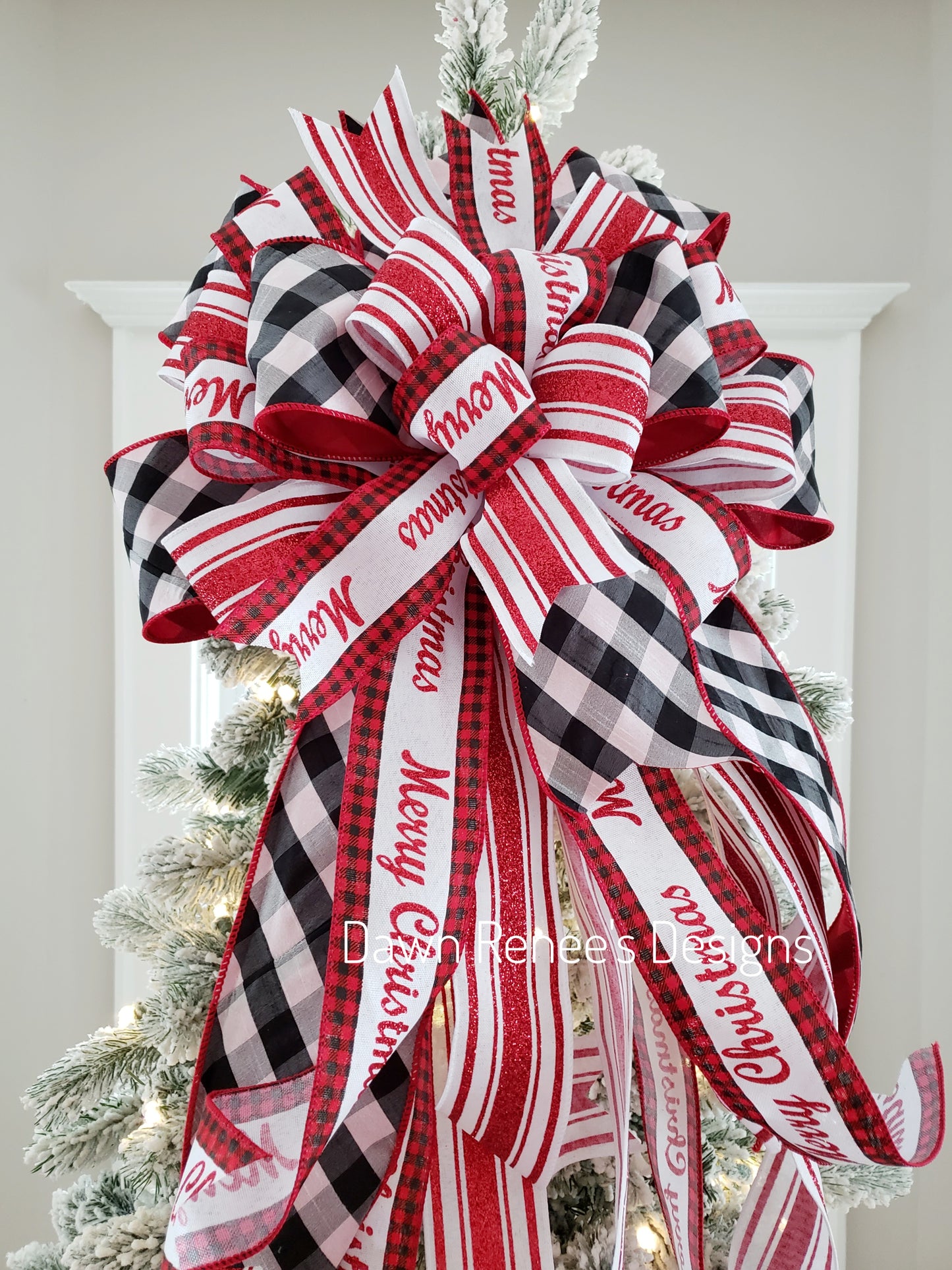 Buffalo Check Merry Christmas Tree Topper Bow - Red White Black