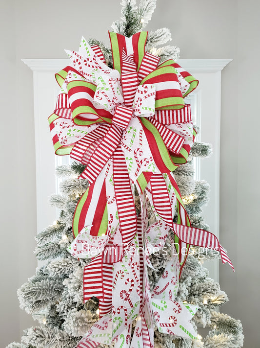 Red White Green Candy Cane Christmas Tree Topper Bow