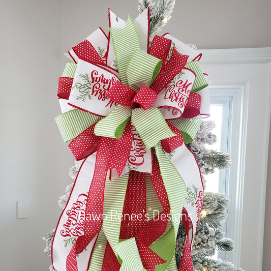 Red White Green Merry Christmas Tree Topper Bow with Long Streamers