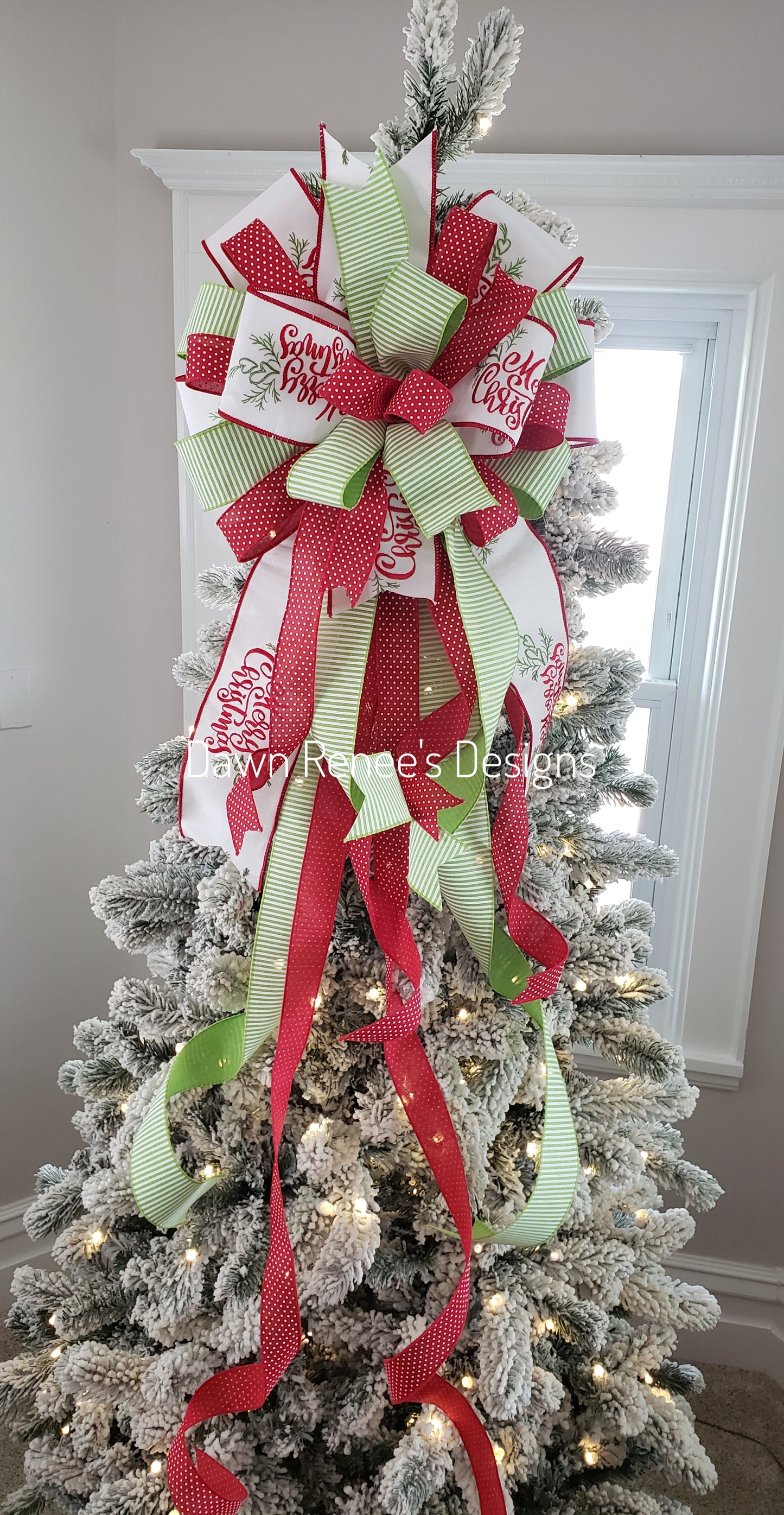 Red White Green Merry Christmas Tree Topper Bow with Long Streamers