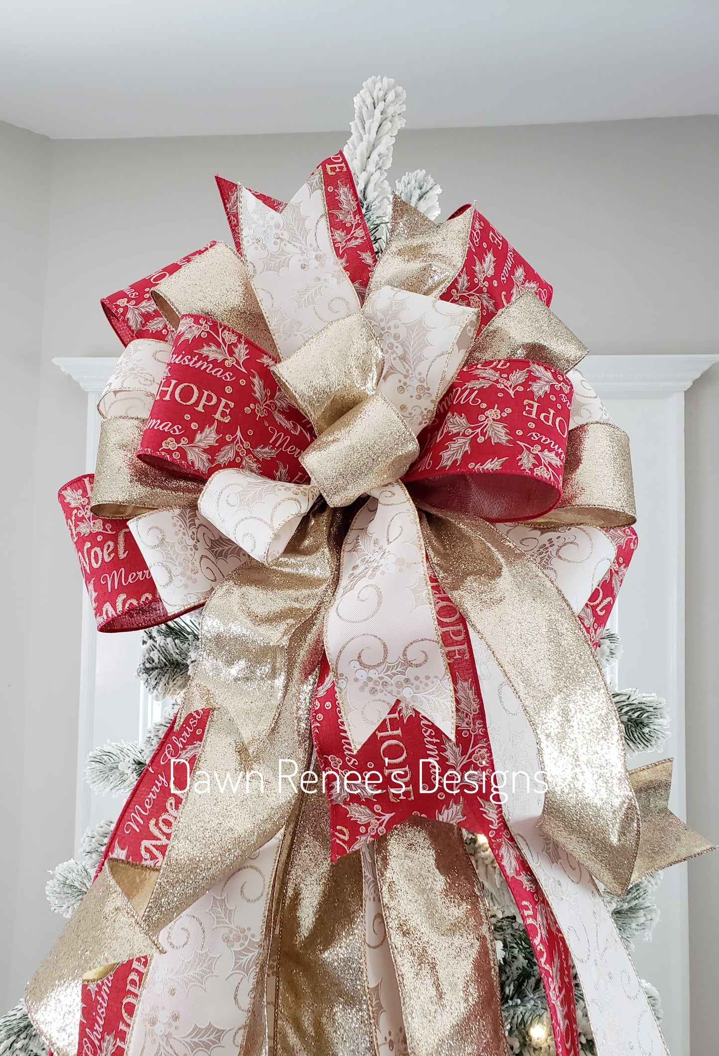 Red Gold Cream Christmas Tree Bow with Long Streamers