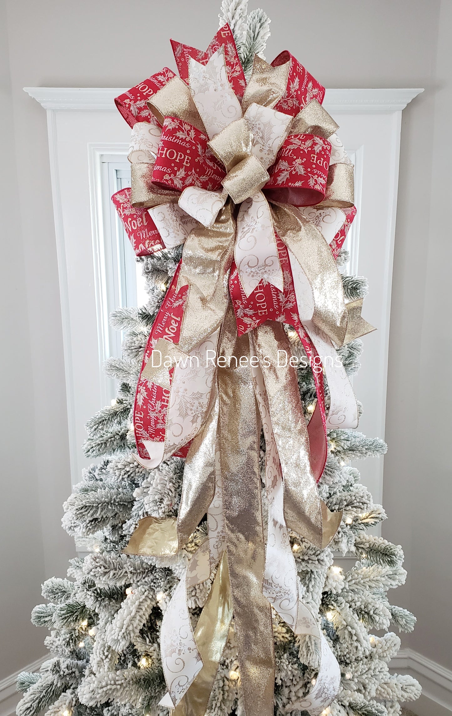 Red Gold Cream Christmas Tree Bow with Long Streamers