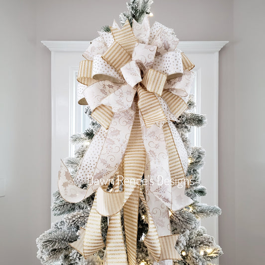 White Gold Cream Christmas Tree Bow with Long Streamers