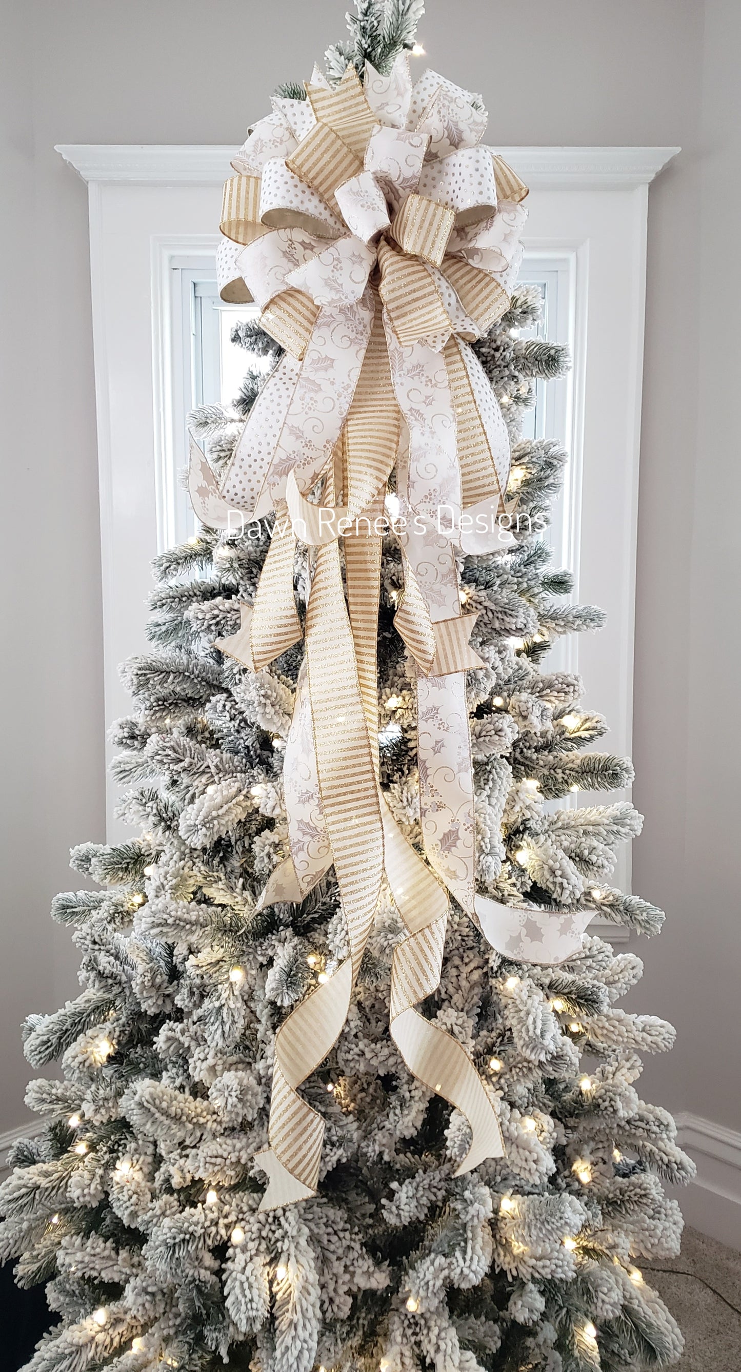 White Gold Cream Christmas Tree Bow with Long Streamers