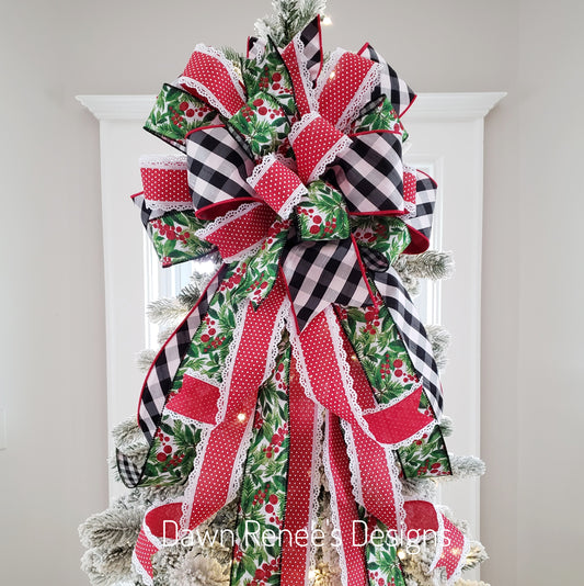 Black and White Buffalo Plaid Red Green Christmas Tree Bow with Long Streamers