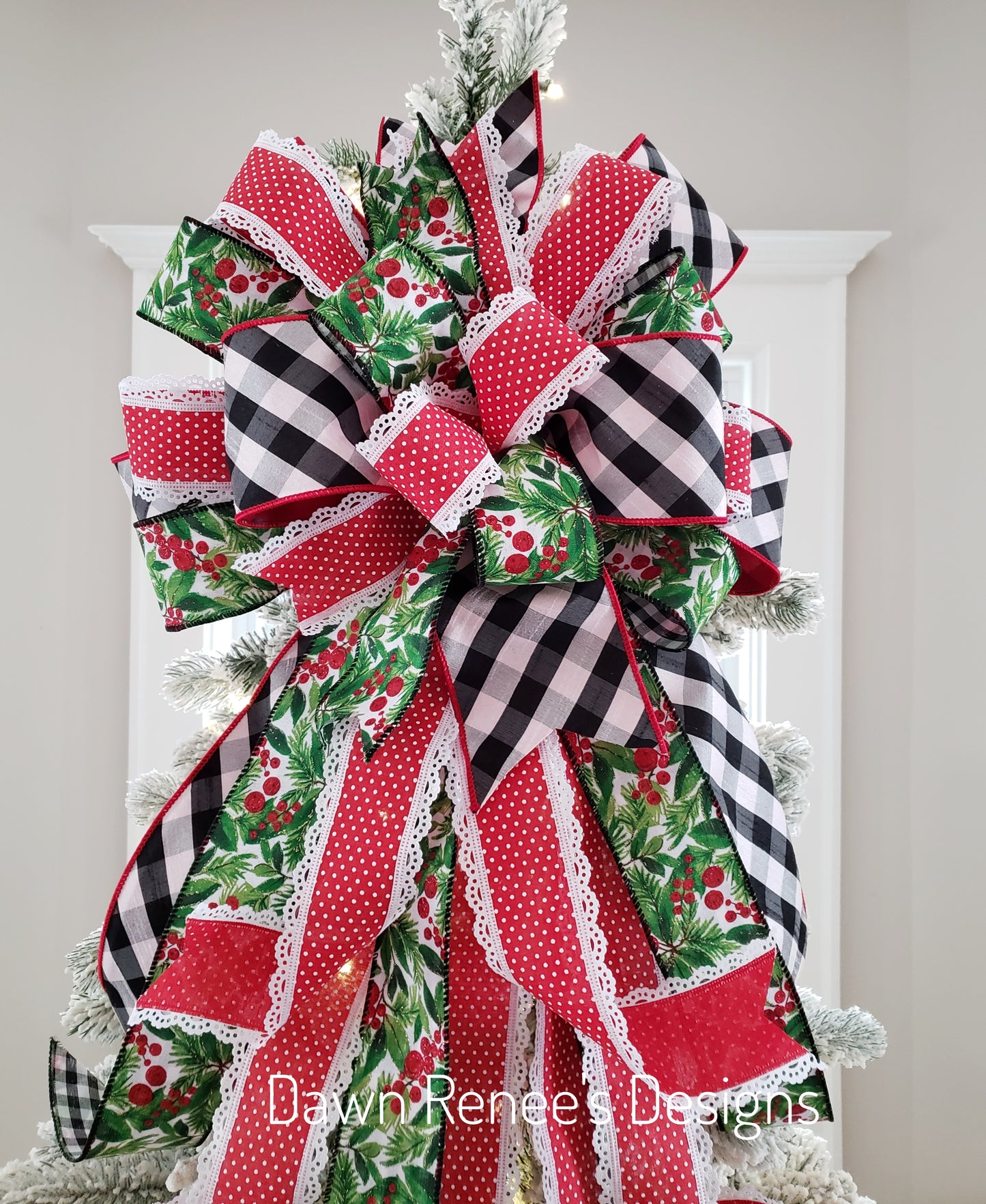 Black and White Buffalo Plaid Red Green Christmas Tree Bow with Long Streamers