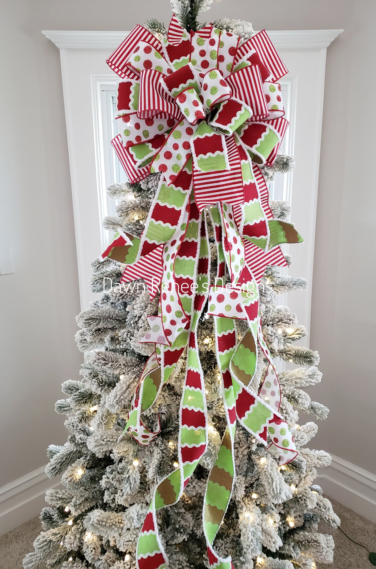 Red White Green Christmas Tree Bow with Long Streamers