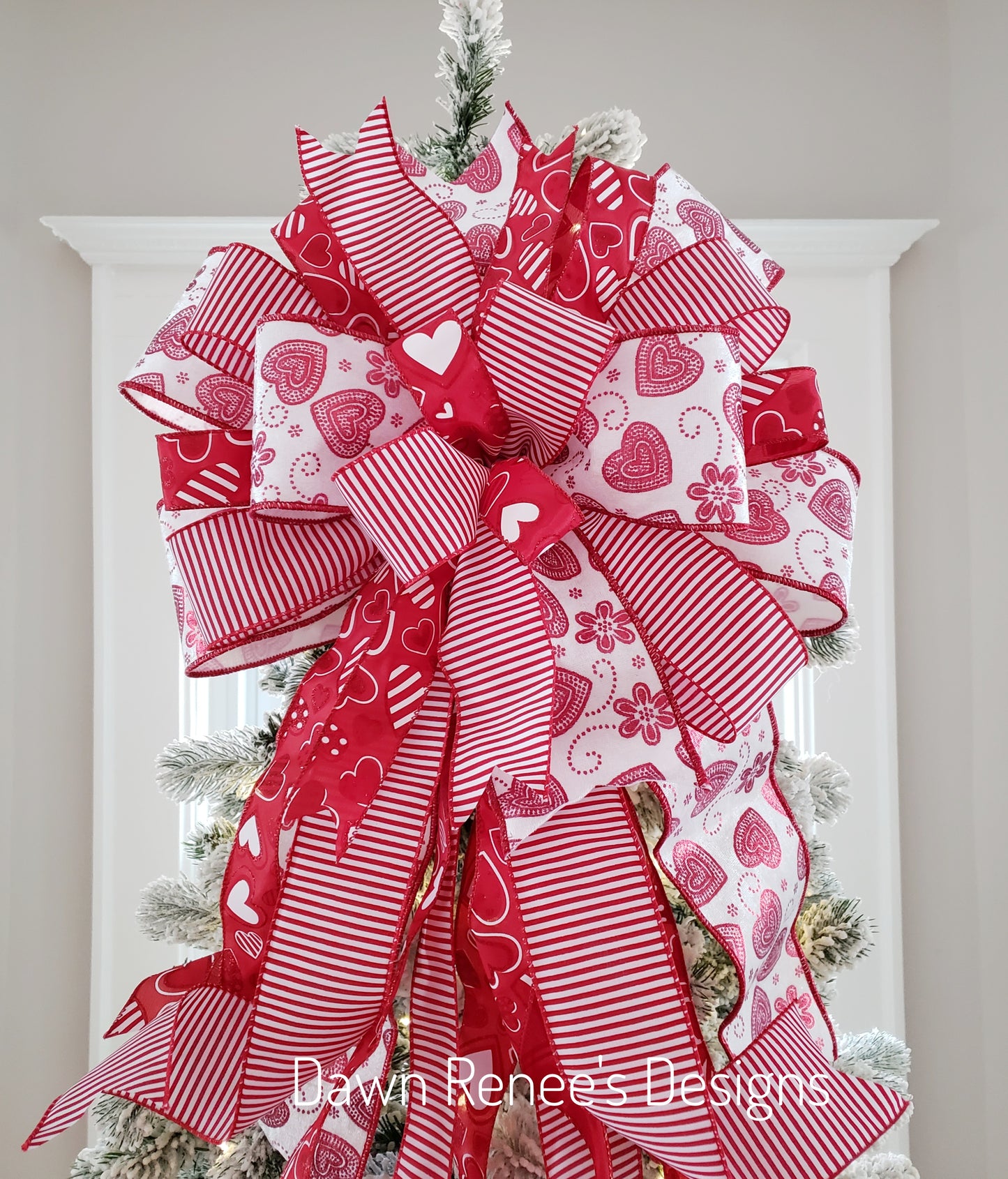 Red and White Heart Valentine Tree Bow Topper with Long Streamers