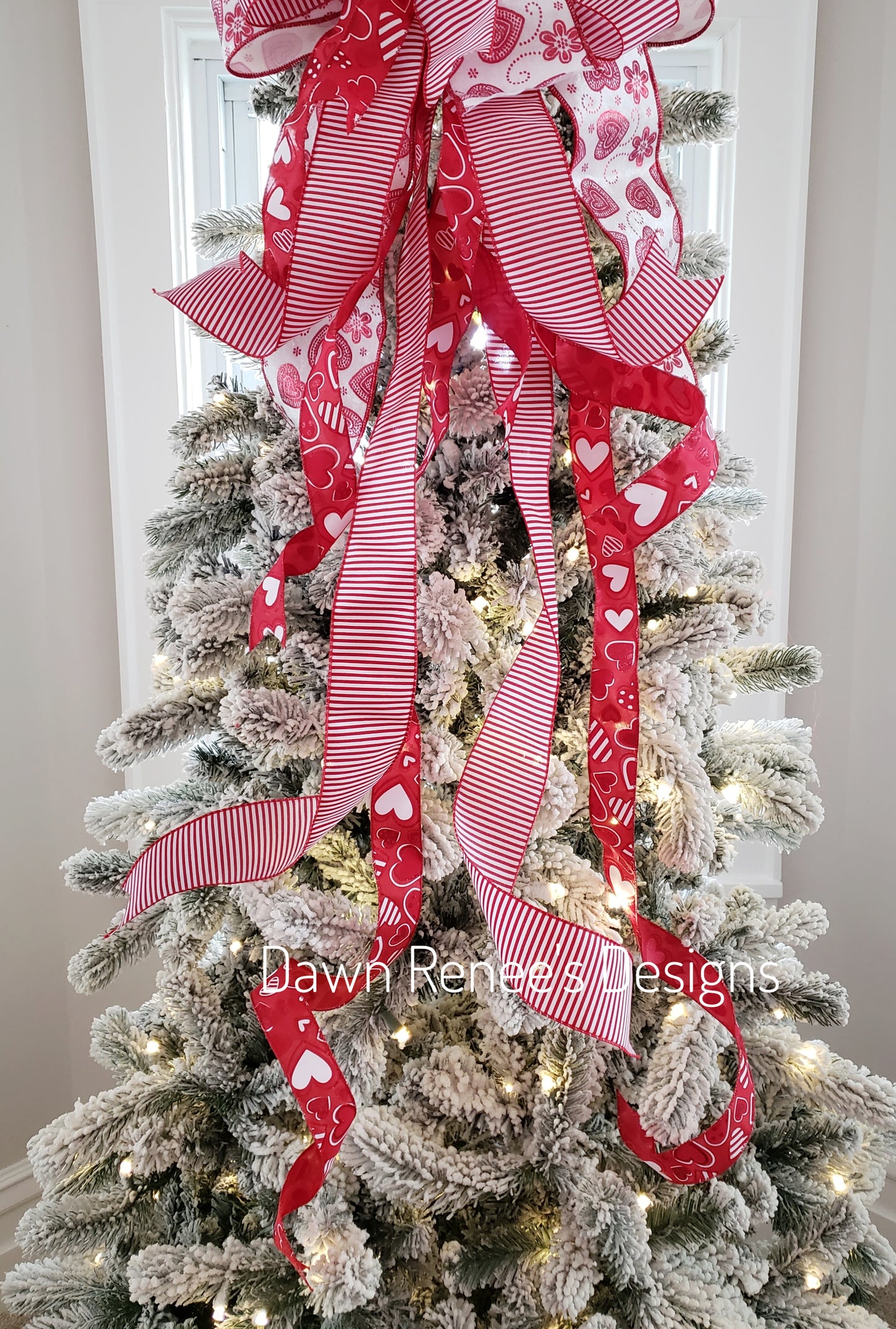 Red and White Heart Valentine Tree Bow Topper with Long Streamers