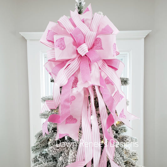 Pink White Valentines Tree Bow with Long Streamers