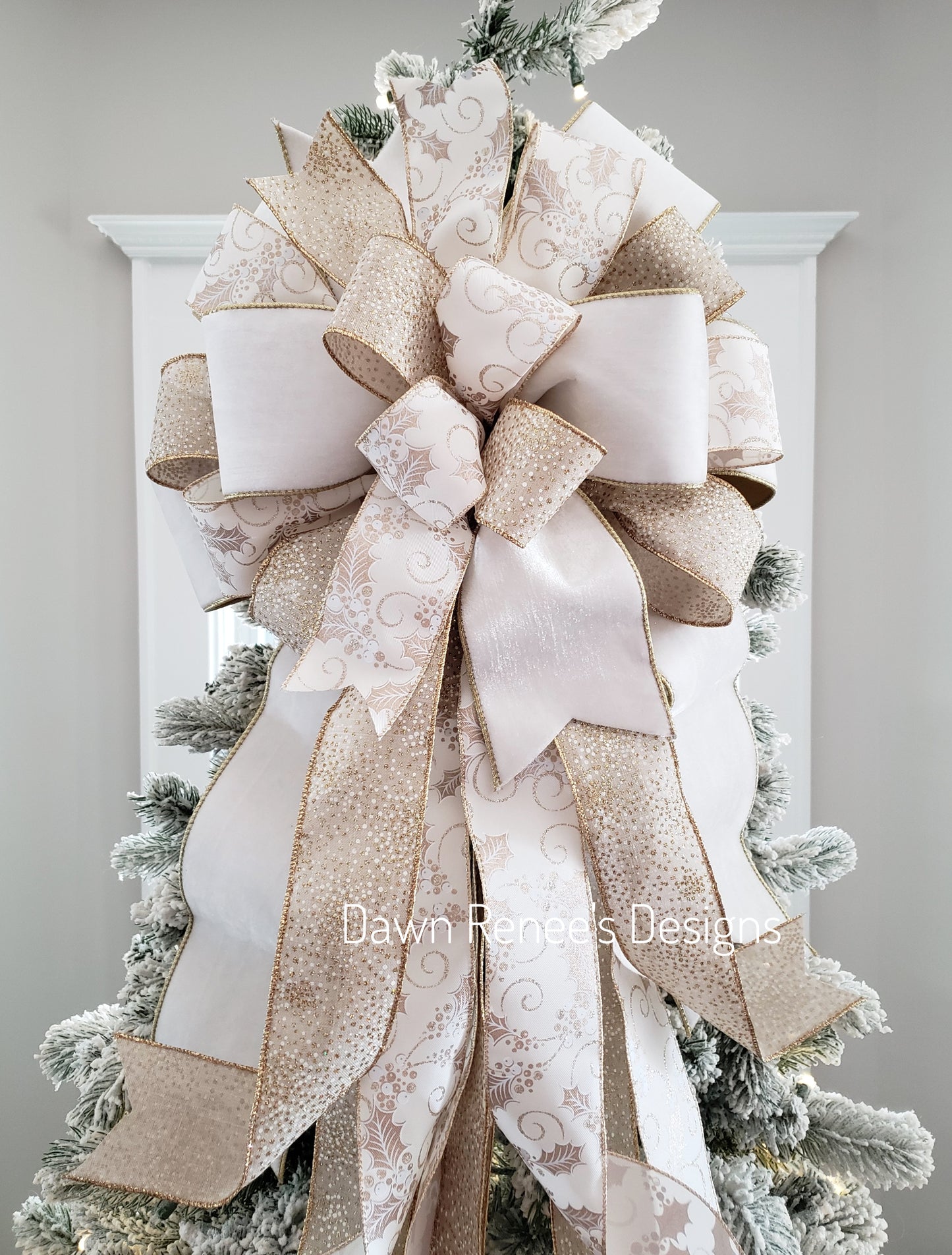 White Velvet and Gold Christmas Tree Bow