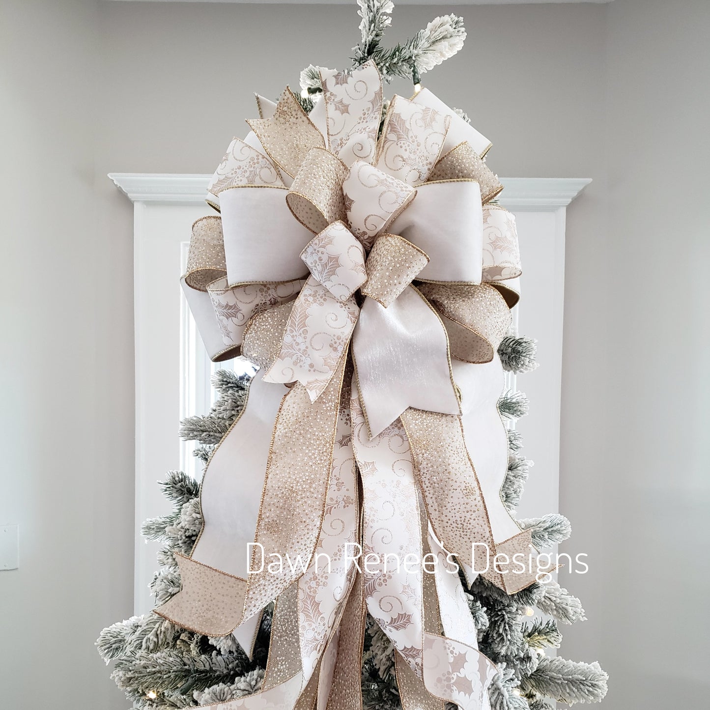 White Velvet and Gold Christmas Tree Bow