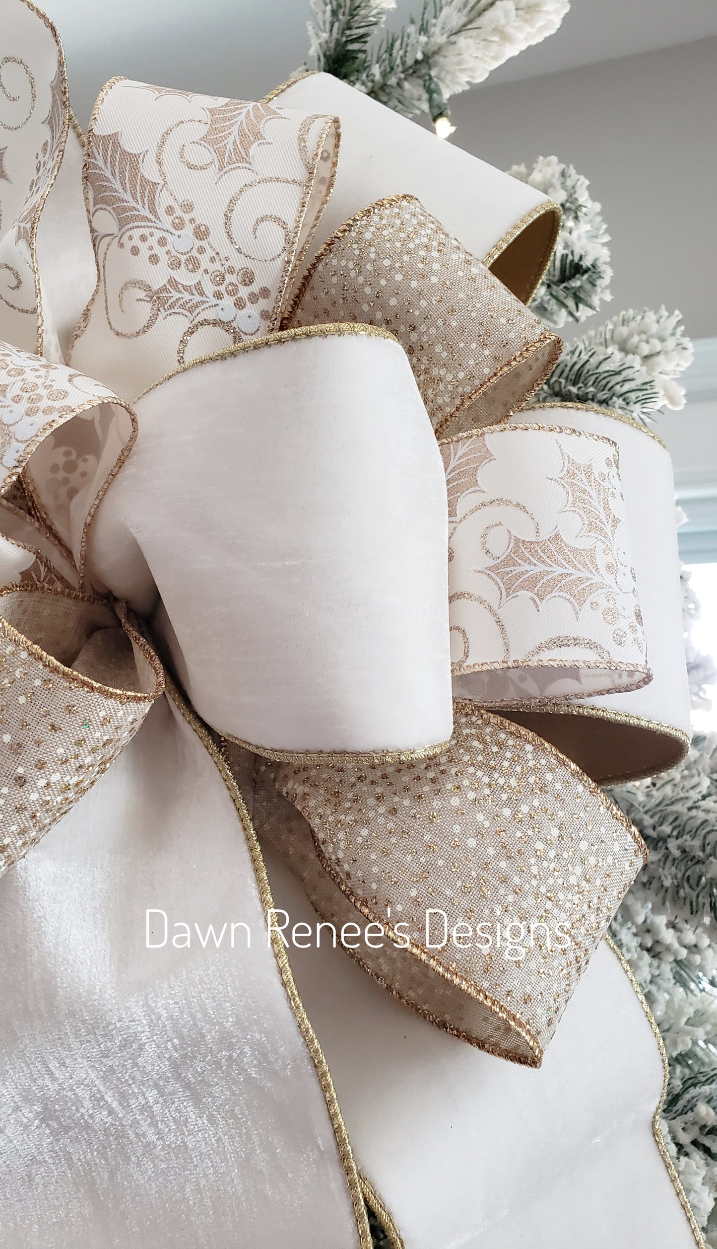 White Velvet and Gold Christmas Tree Bow