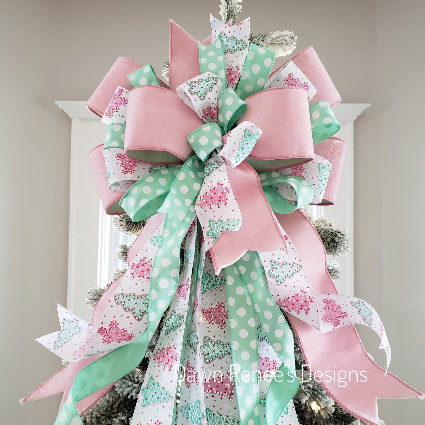 Pink and Mint Green Christmas Tree Bow with Long Streamers