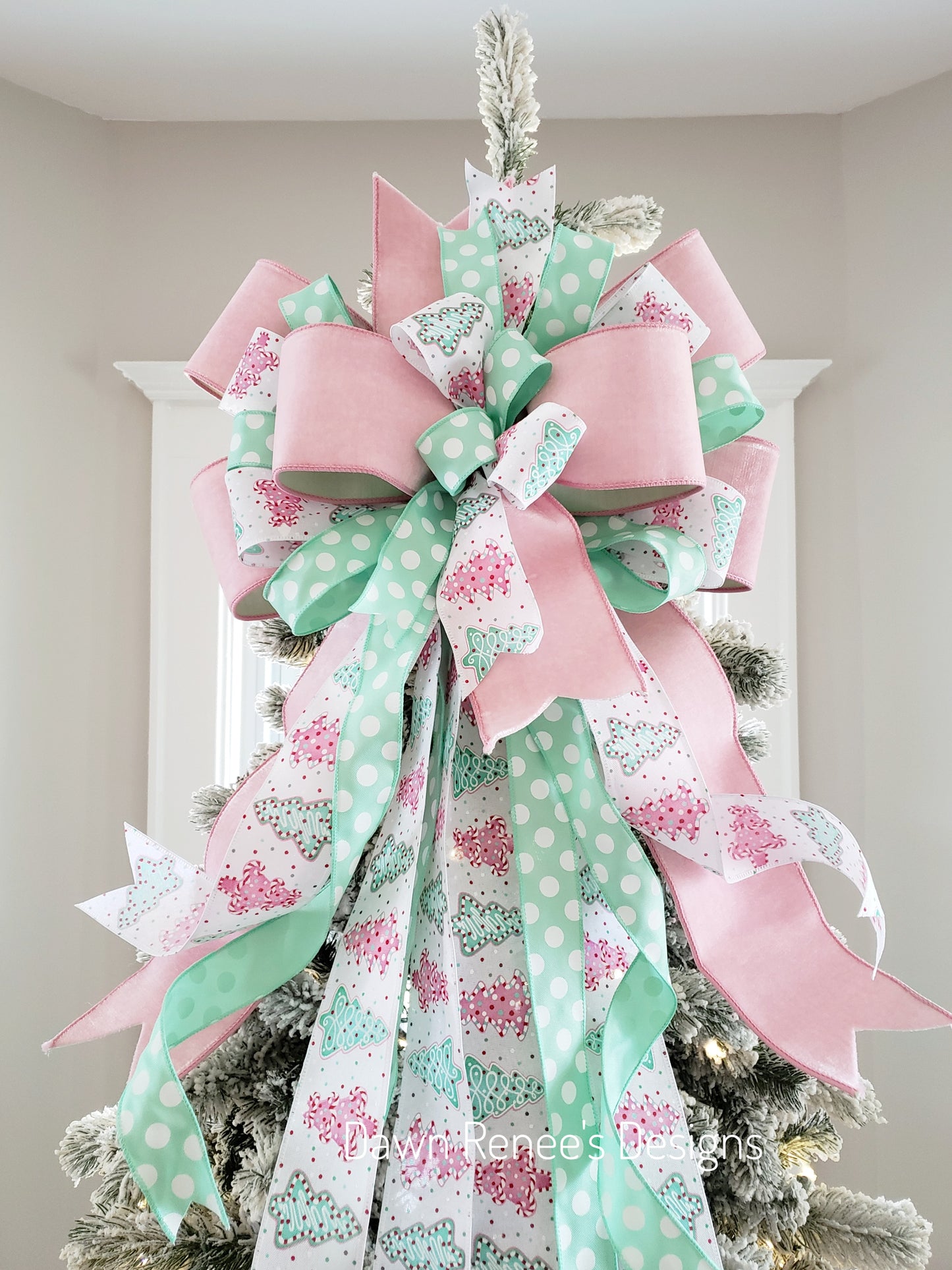 Pink and Mint Green Christmas Tree Bow with Long Streamers