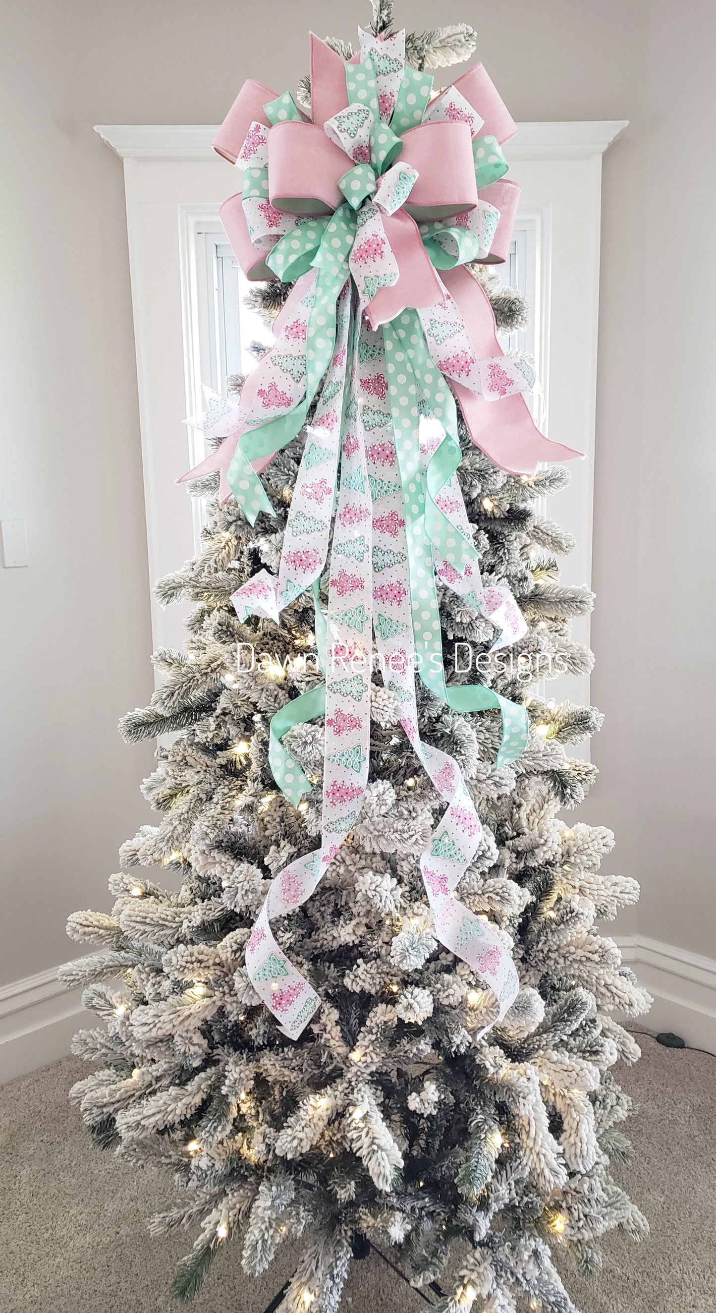 Pink and Mint Green Christmas Tree Bow with Long Streamers