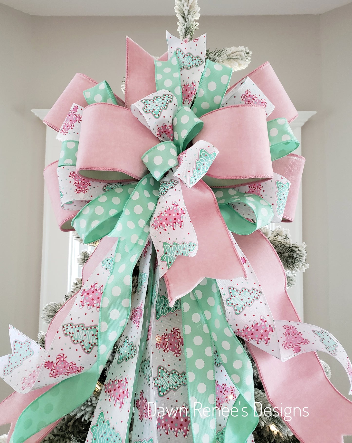 Pink and Mint Green Christmas Tree Bow with Long Streamers