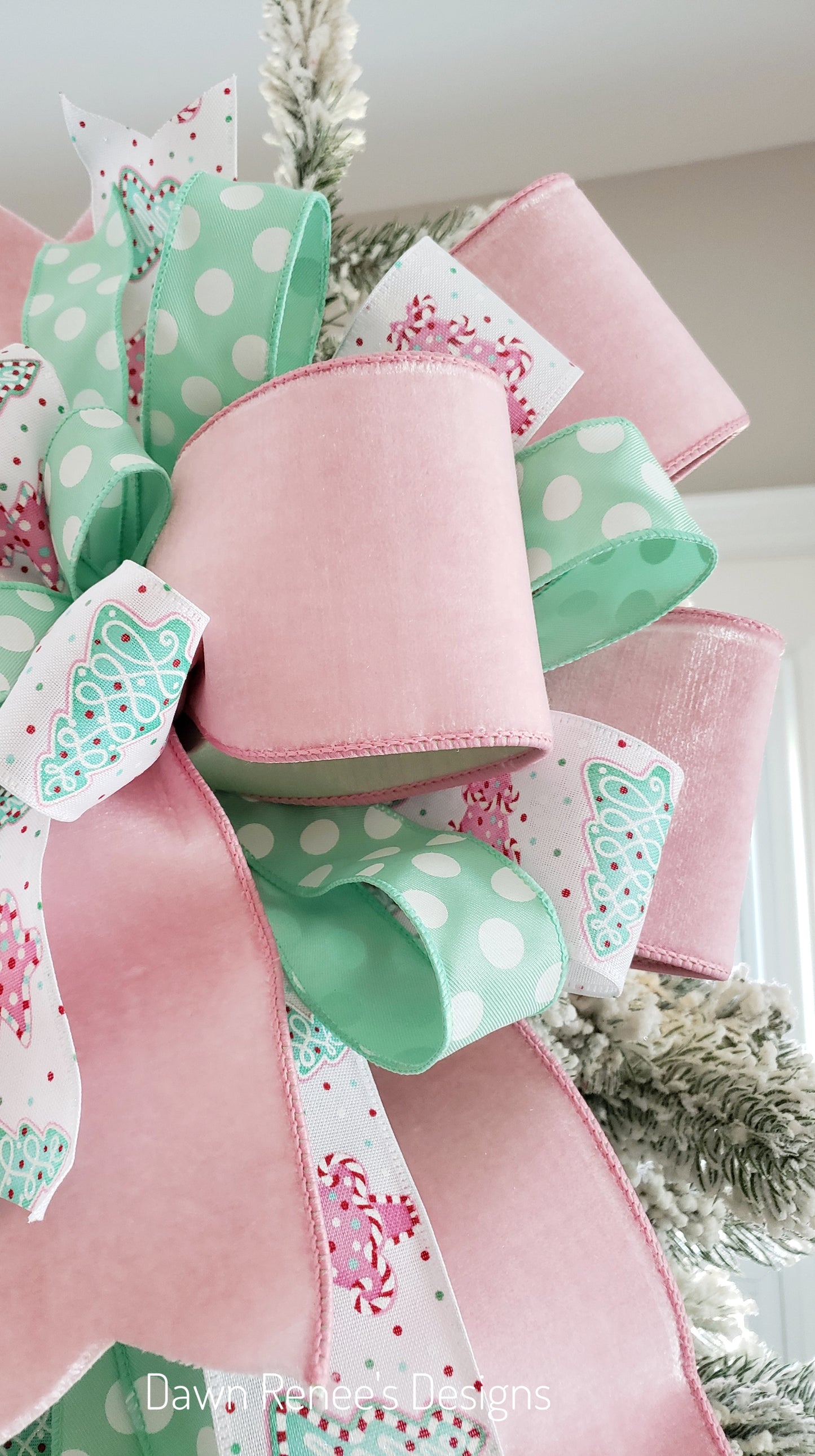 Pink and Mint Green Christmas Tree Bow with Long Streamers