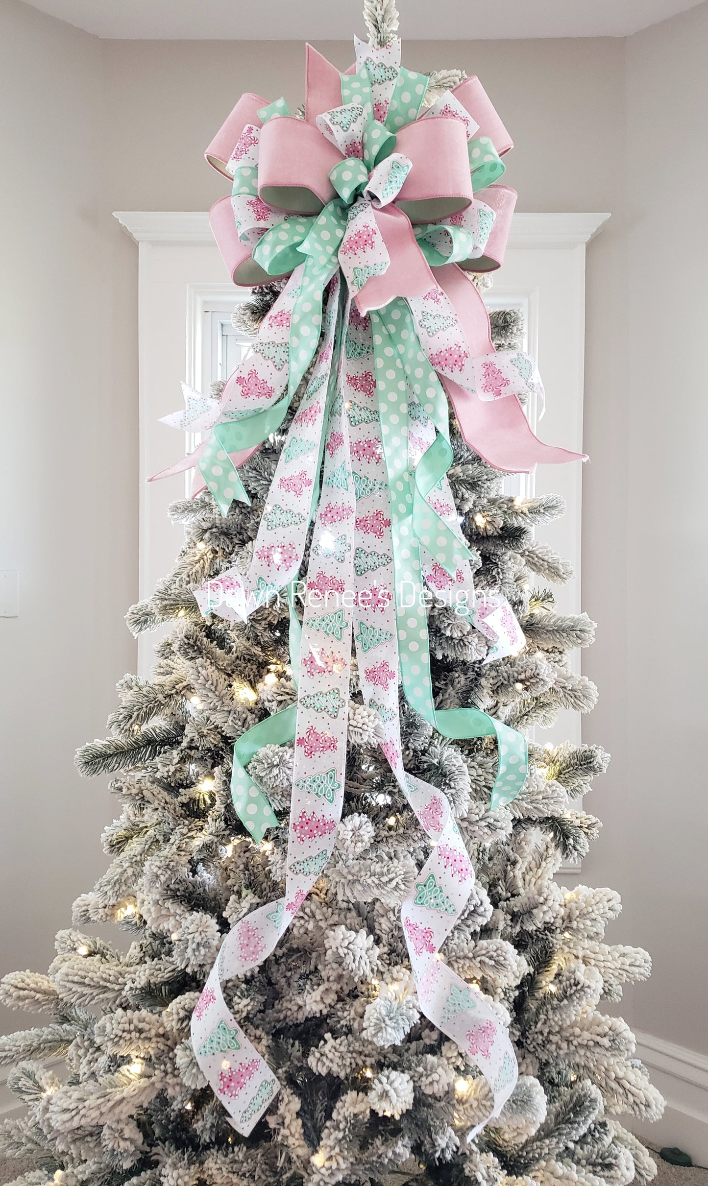 Pink and Mint Green Christmas Tree Bow with Long Streamers