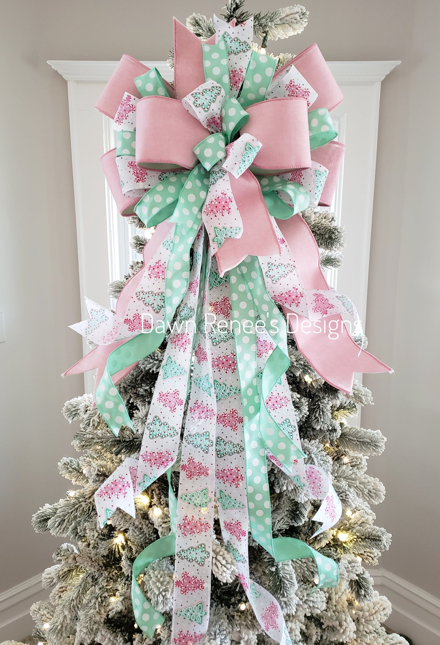 Pink and Mint Green Christmas Tree Bow with Long Streamers