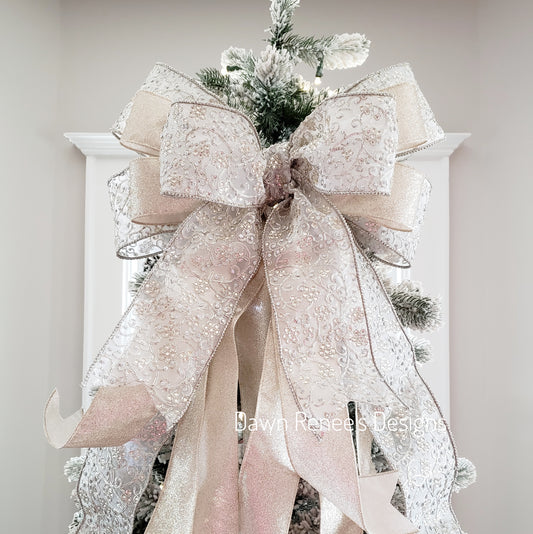 Platinum and Champagne Gold Christmas Tree Bow