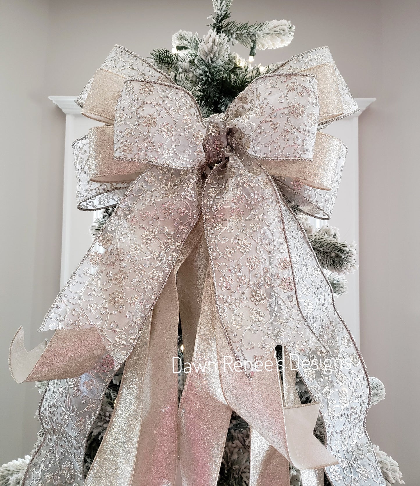 Platinum and Champagne Gold Christmas Tree Bow