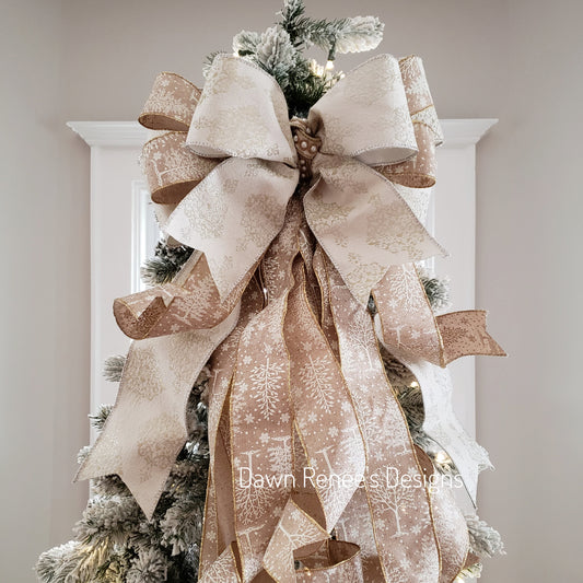 Ivory Gold Christmas Tree Bow, Tree Topper Bow with Long Streamers