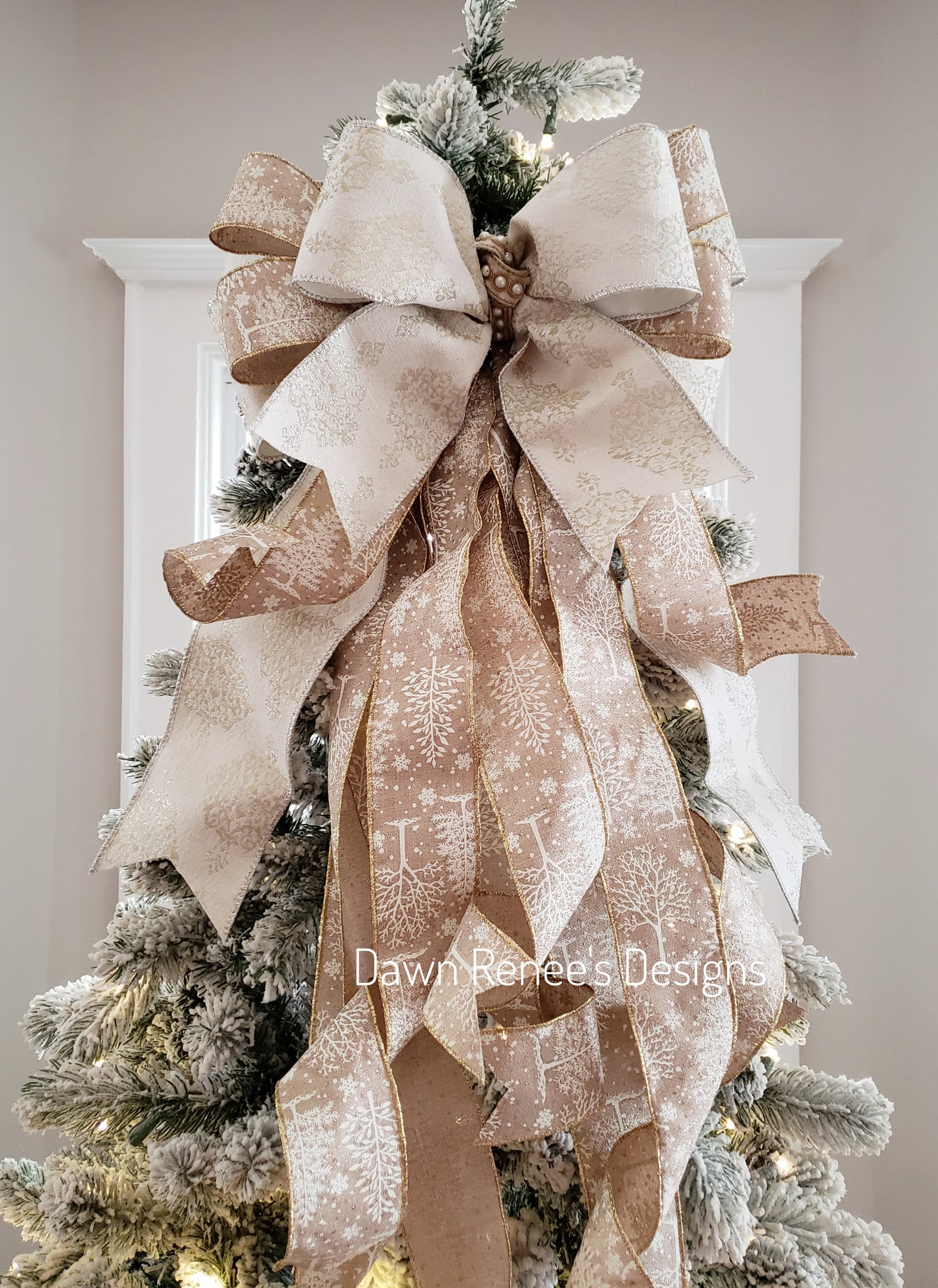 Ivory Gold Christmas Tree Bow, Tree Topper Bow with Long Streamers