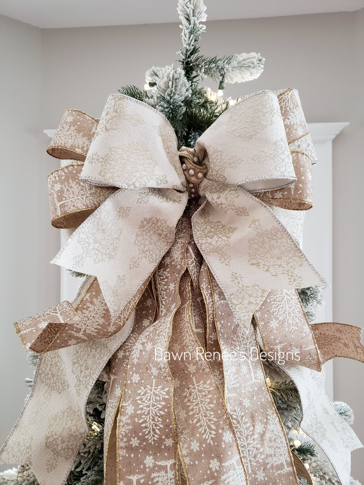 Ivory Gold Christmas Tree Bow, Tree Topper Bow with Long Streamers